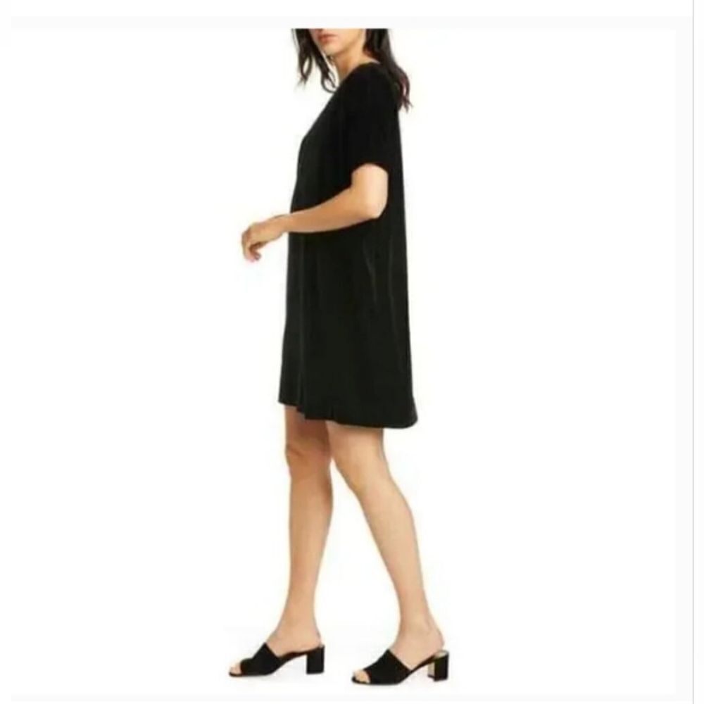 Eileen Fisher Black Stretch Velvet Short Sleeve Shift Dress Women's Size M